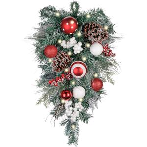 Valery Madelyn Pre-Lit Christmas Teardrop Swag for Decorating Outdoor, 24 Inch Red White Mailbox Swag Decoration with 20 LED Lights, Ball Ornament for Front Door Stairway Window Shelf Xmas Home Decor