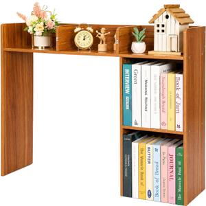 Wonderjune Desk Bookshelf Hutch for Dorm 37 x 29 x 9.5 Inch Wooden Desktop Organizer Countertop Storage Hutch with 5 Shelves for Computer Desk 3-Tier Rack for College Dorm Room Home Office(Brown)