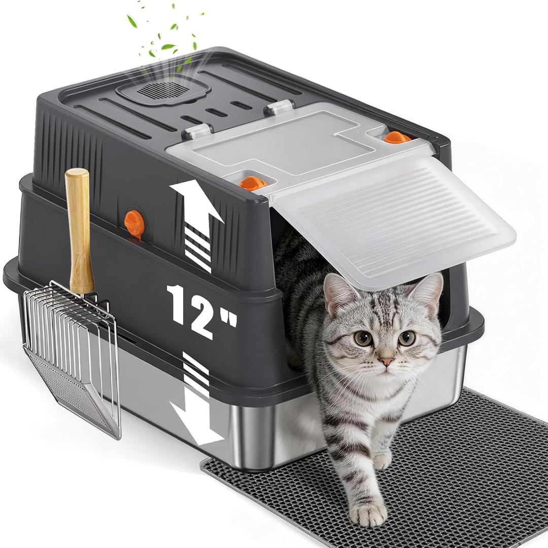 Stainless Steel Litter Box with Lid: Enclosed Cat Litter Box for Small Cats & Kitten, Metal Kitty Litter Pan with High Sided Enclosure, Include Scoop & Mat, Odor Control, Anti-Leakage