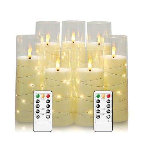 Eebuss Flameless Candles with Embedded Star String, Battery Operated LED Pillar Candles with Timer and Remote Control, Home Decorating for Ambiance, Set Of 7 (Ivory)