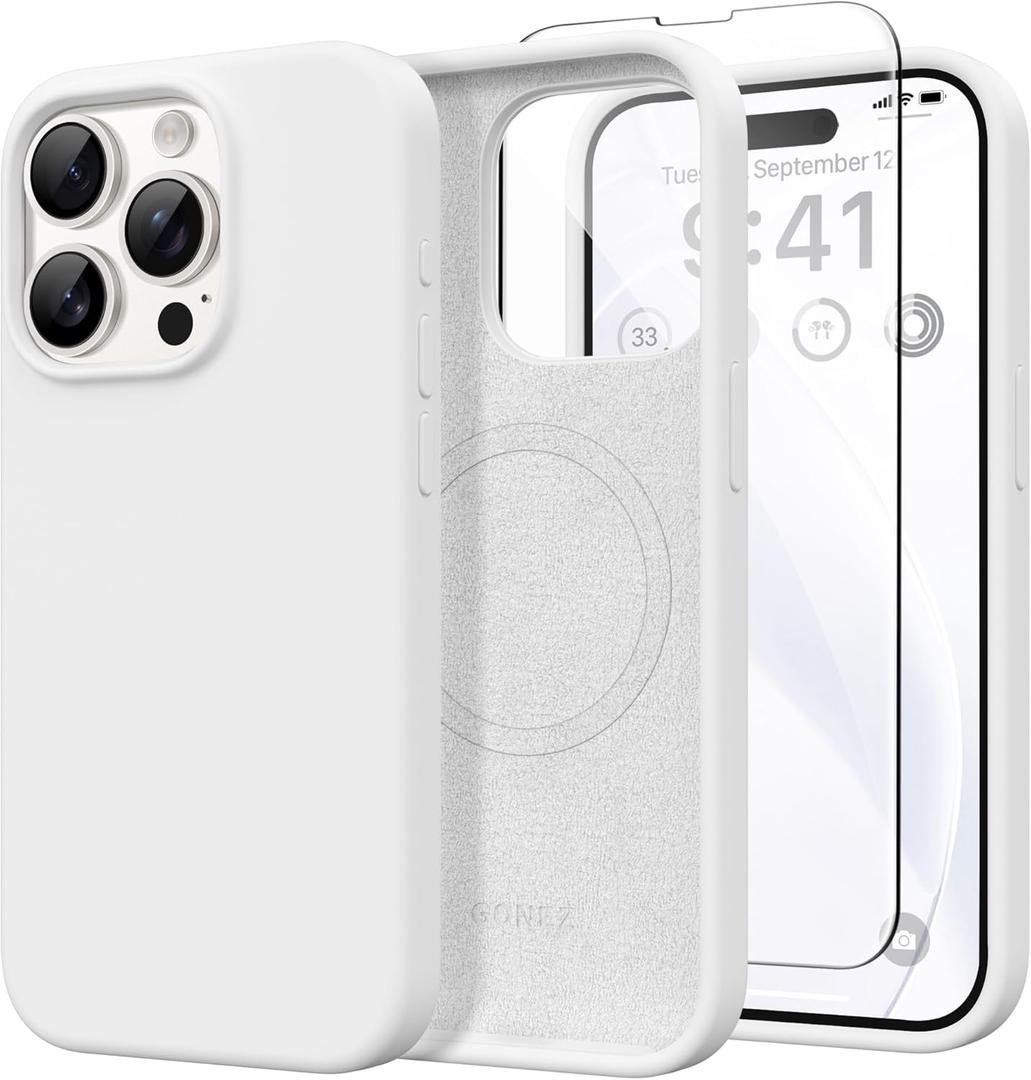 GONEZ Magnetic for iPhone 15 Pro Max Case, [Compatible with MagSafe] Anti-Scratch Microfiber Lining & Screen Protector, Shockproof Slim Phone Silicone Cover 6.7 inch, White