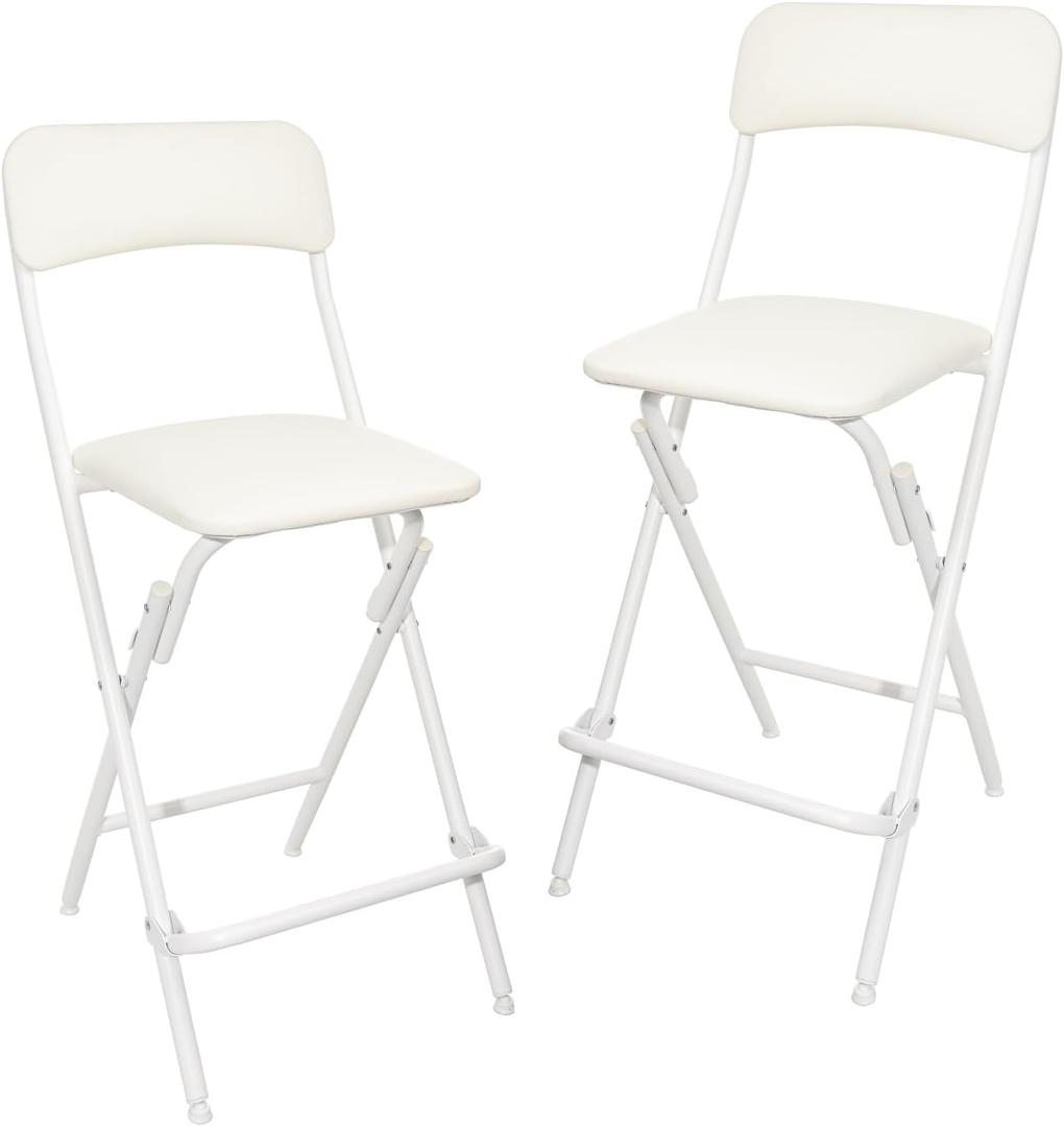 Amazon Basics Folding Bar Stool with Footrest, Portable, Sturdy, Space-Saving Storage, 300lb Capacity, 24" Height, White, Set of 2, 2 Pack