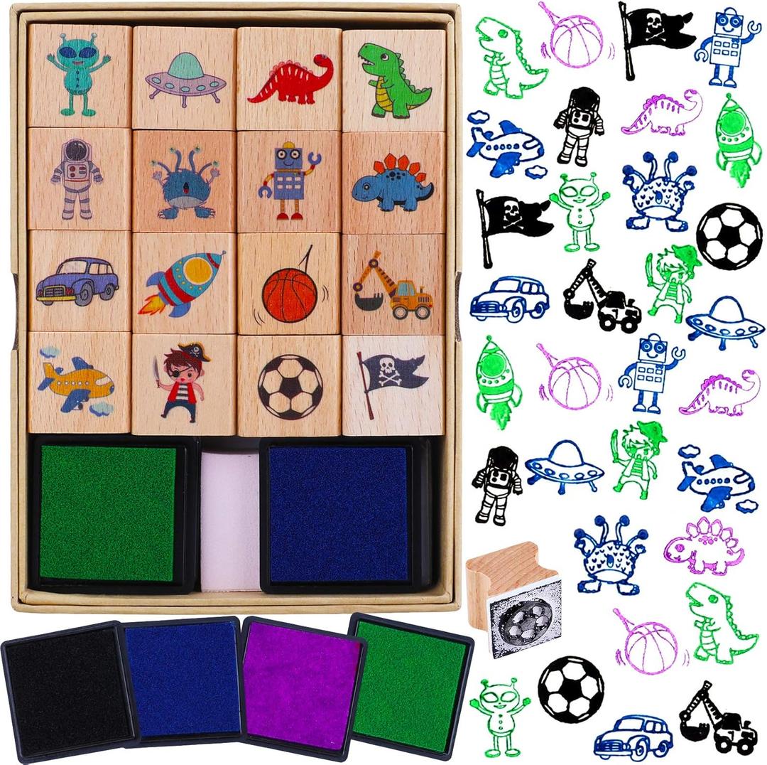 HOWAF 16pcs Wooden Stamps for Kids Boy Crafts with Ink Pad 4pcs, Dinosaur Football Outer Space Pirate Car Stamps for DIY Scrapbook Card Making, Party Bag Fillers Favor for Boys Christmas Birthday Gift