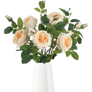 Real Touch Austin Roses Peonies Artificial Flowers 4 Bouquets Latex Fake Peonies with Long Stem Realistic Faux Peonies Flower for Wedding Party Home Table Centerpieces Decorations (Champagne)