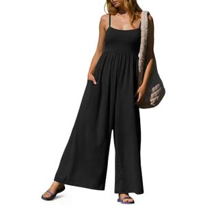 Fisoew Womens Summer Jumpsuits One Piece Casual Loose Overalls Spaghetti Strap Wide Leg Rompers with Pockets Workout Outfits (Small, Black)