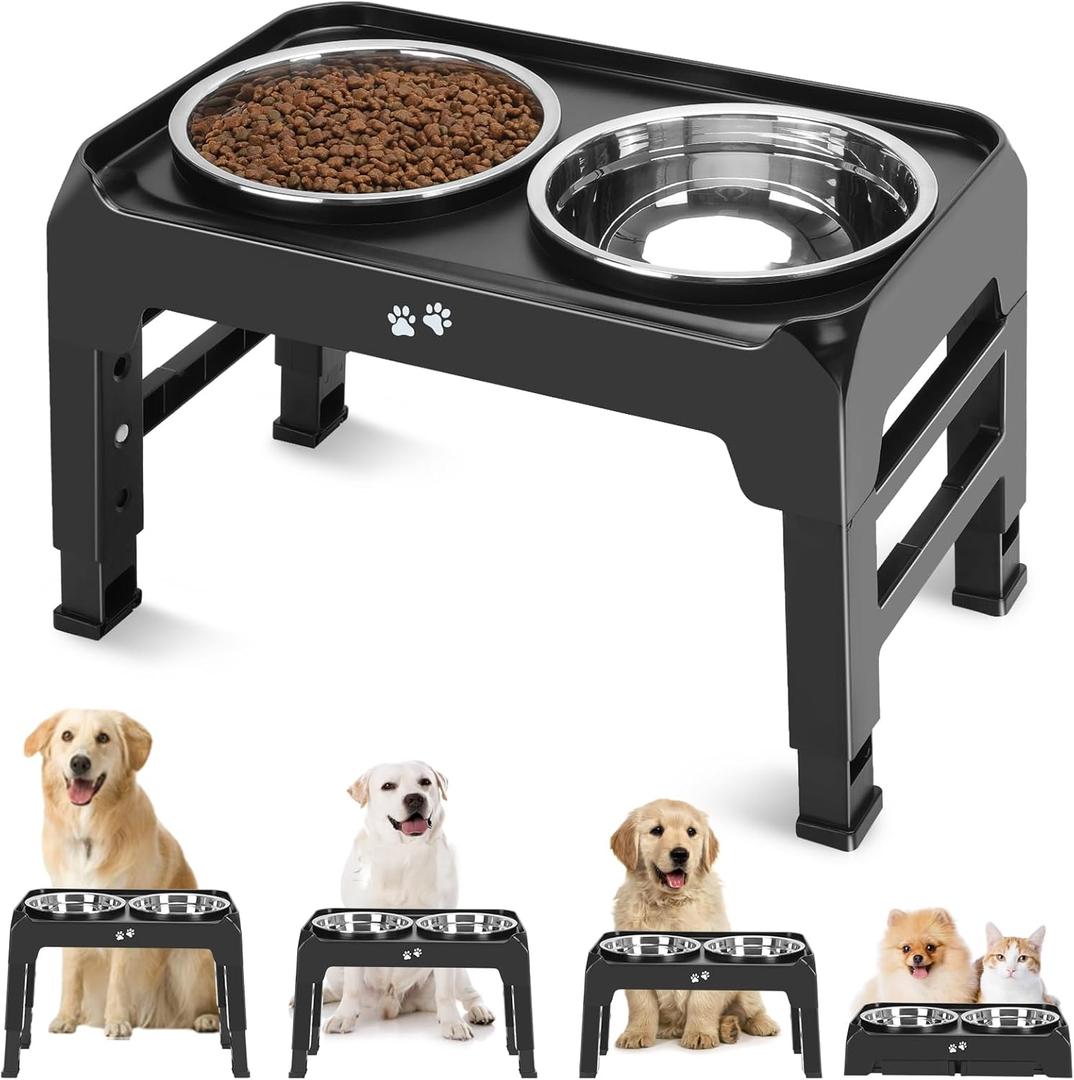 Elevated Dog Bowls, 4 Height Adjustable Raised Bowl Stand with 2 Thick 50oz Stainless Steel Food Feeder Bowls Non-Slip for Medium Large Dogs Adjusts to 3.7", 9.2", 10.75", 12.36" Black (8" for Medium Dogs, Black)