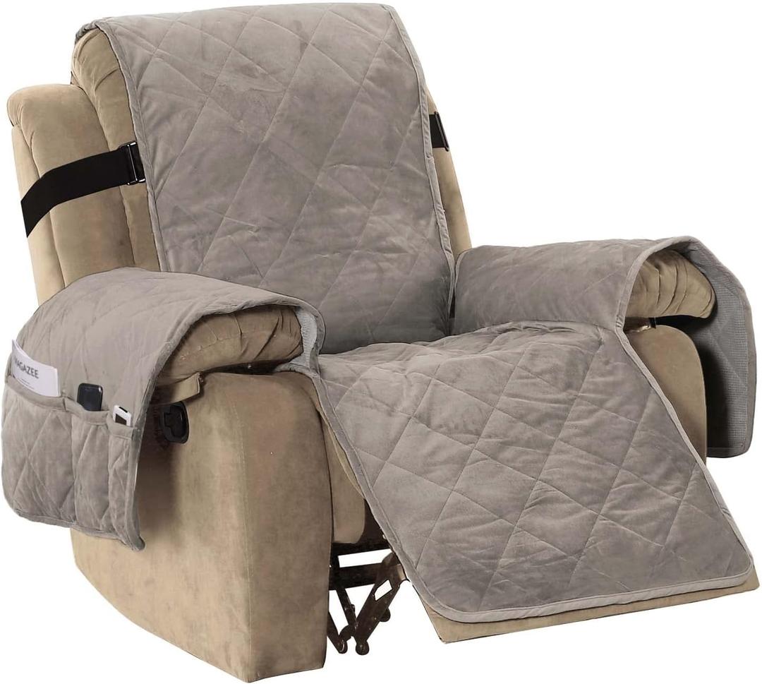 H.VERSAILTEX Thick Velvet Quilted Recliner Covers for Recliner Chair Covers Reclining Chair Slipcover Recliner Couch Cover with Non Slip Backing and Wider Elastic Strap (Oversaized Recliner, Taupe)