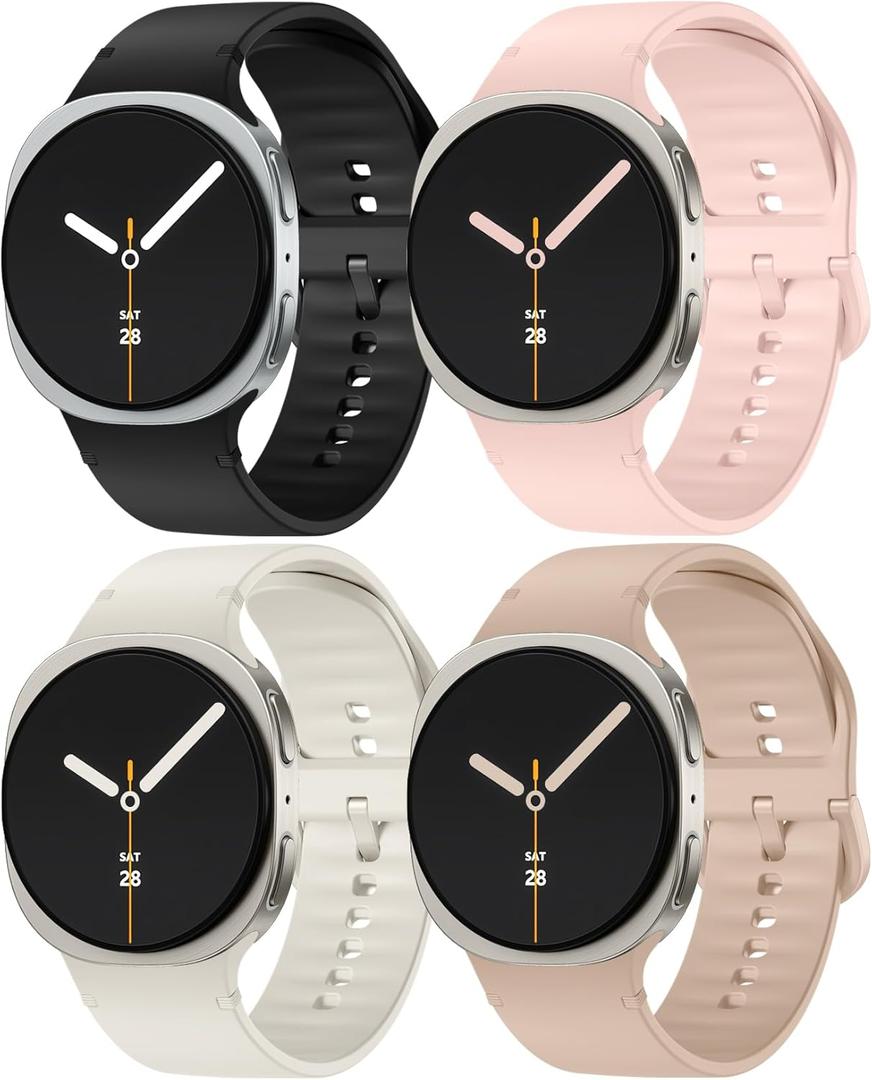 4 Pack Sport Band Compatible with Samsung Galaxy Watch 8 40mm 44mm/Galaxy Watch 8 Classic 46mm (2025), No Gap Soft Silicone Strap One Click Waterproof Replacement for Women Men (Small5.3"-6.7", Starlight/PinkSand/Black/MilkTea)