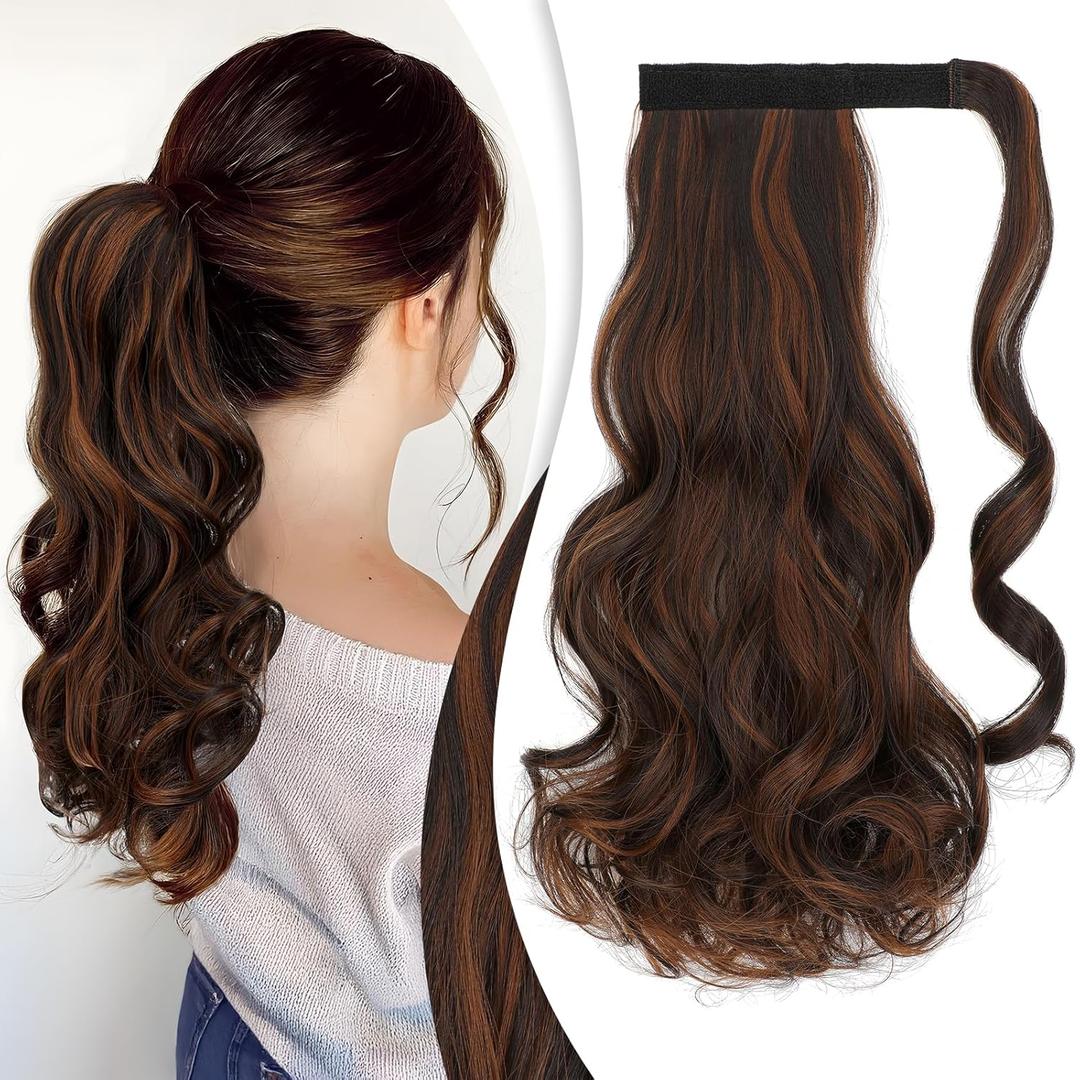 FELENDY Ponytail Extension, 18" Wrap Around Long Ponytail Hair Extensions Wavy Curly Clip in Pony Tails Hairpieces For Women (Light Auburn Mix Dark Brown)