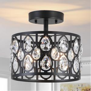 9 Inch Crystal Black Semi Flush Mount Ceiling Light,2-Light Modern Farmhouse Ceiling Light Fixture,Round Hallway Lighting Fixtures for Kitchen Entryway Bedroom Laundry