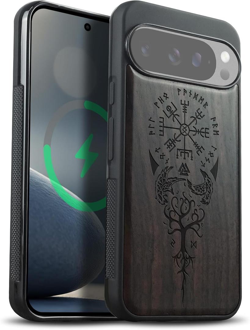 Carveit Magnetic Wooden Case for Pixel 10 Pro Google 10 Pro Case, Wood Artisan Engraved & Soft TPU Shockproof Cover, Compatible with MagSafe Wireless Chargers (The Guiding Vegvisir) Blackwood (Viking Compass-Black)