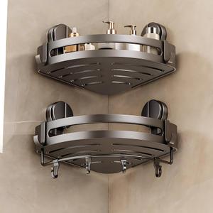 VOLPONE Shower Caddy Suction Cup, 2 Pack Corner Shower Shelves No Drilling, Showers Organizer Storage with Towel Bar & Removable Hooks, Bathroom Shower Shelf Rack for Inside Showers, Triangle