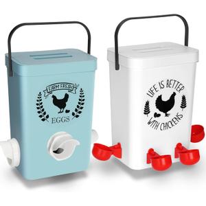 Chicken Feeder and Chicken Waterer Set (3 Gallon/26 Pounds) - Hanging Automatic Chicken Feeder No Waste - Chicken Coop Accessories - Poultry Waterer