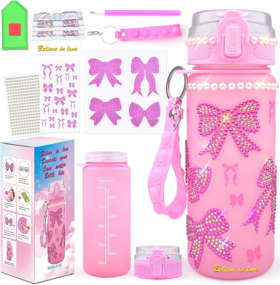 ASIOWELY Decorate Your Own Water Bottle Kits for Girls Age 4-6-8-10, Pink Bow Pattern Diamond Painting Art and Crafts for Boys Age 4-12, Fun Gifts Toys for Kids School Birthday Valentine's Day