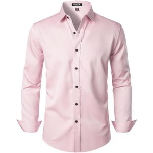 JEMITOP Men's Stretch Wrinkle Free Dress Shirt Formal Prom Wedding Long Sleeve Button Down Shirts (Pink, XL)