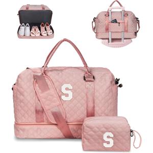 Initial Duffle Bag - Personalized Weekender Monogram Letter Travel Overnight Bag with Makeup & Shoe Compartments, Granddaughter & Friend Gifts' (Pink)