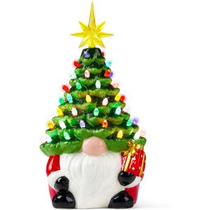 Joiedomi 12 Gnome Ceramic Tree, Light up Tabletop Xmas Decor with 60 LED Lights, Ceramic Tree with Christmas Themed Design, Xmas Holiday Indoor Office Table Fireplace Decoration (Green and Red)