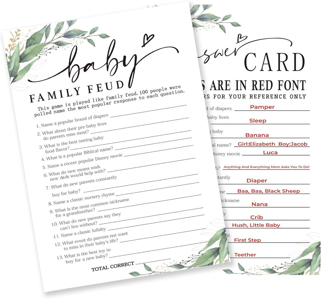 3 x Baby Family Feud Baby Shower Game, 30 Greenery And White Game Cards For Girl Boy With 1 Answer Card, Gender Reveal Games, Baby Announcement,Party Favor & Supplies-B12