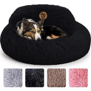 PetJett Calming Dog Bed Medium Size Dog - 30'' Donut Bed, Anti-Slip & Washable Super Soft Fluffy Plush Round Bed, Anti-Anxiety Premium Comfort Pet Bed, Fits Dogs up to 45 lbs - Black