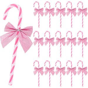 Soulchen 36 Pcs Christmas Glitter Candy Cane Ornaments with Bows Plastic Sparking Candy Cane Decoration Christmas Tree Hanging Ornaments Crafts for Xmas Tree Holiday Festive Party Supplies Home (Pink)