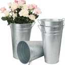 4 Packs 11.8 Inch Tall Galvanized Metal Vases With Handles - Rustic Tall Buckets for Cut Flowers, Country Wedding, Table Centerpiece Decorations - Vintage Style Containers