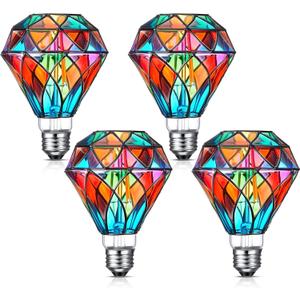 Baquler 4 Pcs Stained Glass LED Light Bulb Diamond Shape E26 Base A60 6 Watts G95 Shape Colorful Flickering Light Bulbs for Christmas, Home Balcony Garden Party Decoration (Retro)