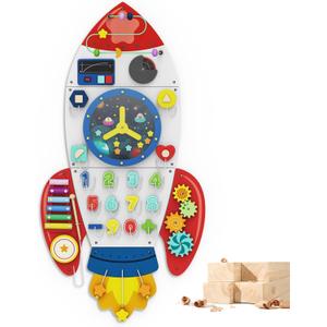 BlueWood Wooden Wall Busy Board Panels, Toddler Learning Activity Center, Montessori Philosophy Sensory, Educational Toys, Conducive to All-Round Development - Rocket