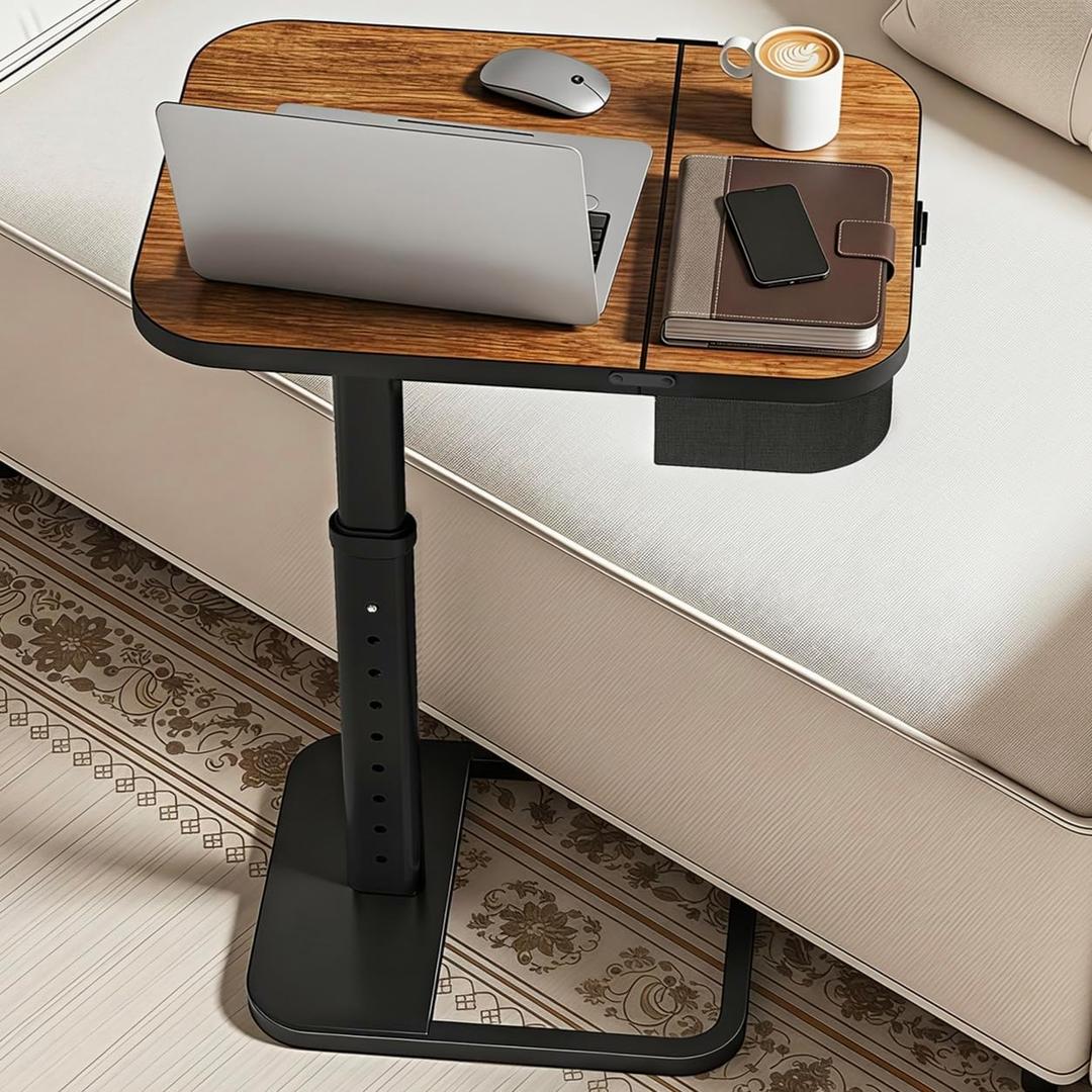 Kitstorack Large TV Tray Table with Flip-Top Storage Compartment for Extra Storage Space, 9 Adjustable Heights TV Trays, Safe Rounded Corners for Living Room, Bedroom, Study, Home Office, Brown