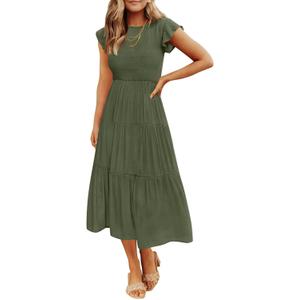ZESICA Women's 2026 Summer Casual Flutter Short Sleeve Crew Neck Smocked Elastic Waist Tiered Midi Dress (Green, XXL)