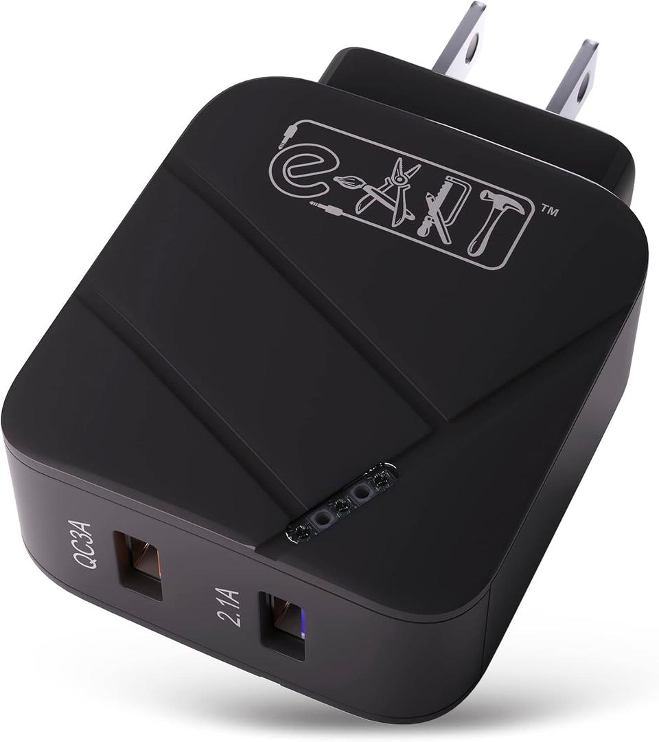 2 x e-ART USB Wall Charger 28W Dual Port QC3.0 Amps Fast Charging Block with LED Indicator, USB Cube Adapter Plug in Gift Box for iPhone 14 13 12 11 Pro Max XR Xs, Samsung, Android Phones, Tablet (Black)