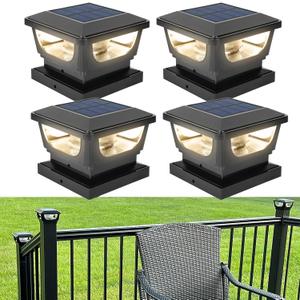 Sumaote Solar Post Cap Lights, 120 Lumen 3000K Warm White LED for 3x3 Metal/Vinyl & 4x4 Wood Posts, IP65 Waterproof Outdoor Garden Fence Deck Lighting, Dusk-to-Dawn Auto On/Off (4 Pack) (Black Shell)