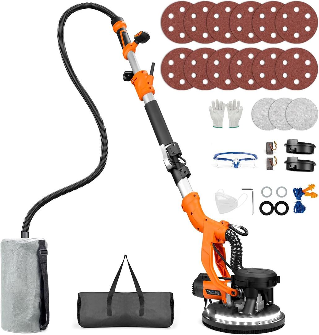 Drywall Sander, 1000W Popcorn Ceiling Removal Tool, Automatic Drywall Sander with Vacuum Dust Collection, LED Light, 6 Variable Speed 800-2200RPM, Foldable & Extendable Handle, 15Pcs Sanding Discs