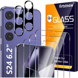 3 Pack Glass Screen Protector for Samsung Galaxy S24 [6.2 inch] + 2 Pack Black Camera Lens Protector, 9H Tempered Glass, Fingerprint Unlock, HD Clear Case Friendly Anti-Scratch