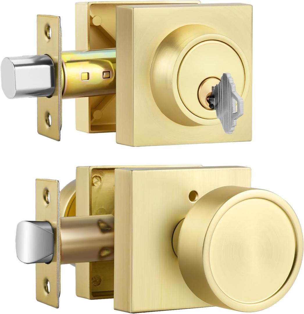 Haidms Brushed Gold Door Knob with Deadbolt, Zinc-Alloy Gold Exterior Door Knobs, Heavy Duty Brass Front Door Knob and Deadbolt Set(1 Pack)