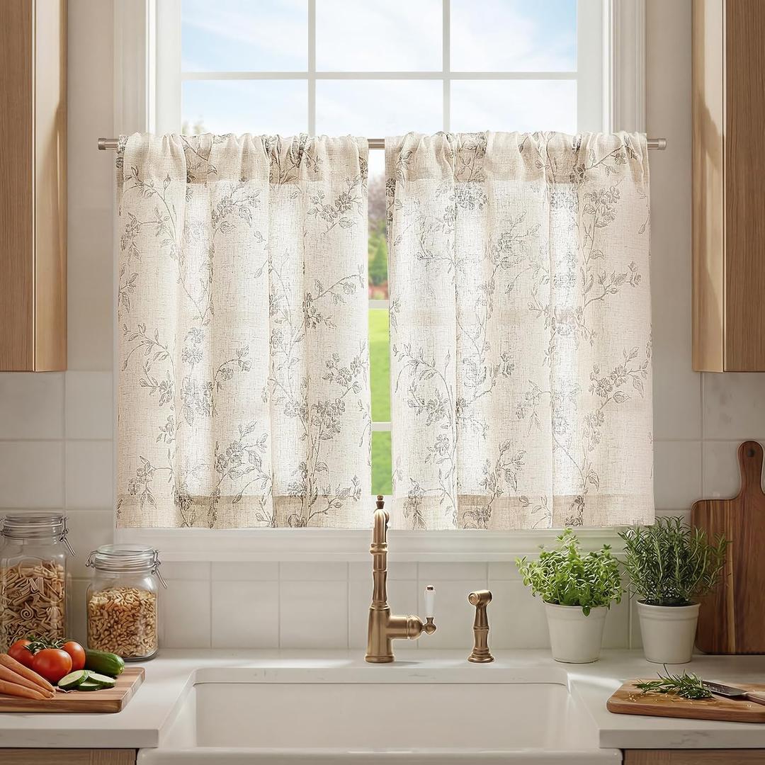 jinchan Gray Floral Kitchen Curtains 30 Inch Linen Tier Curtains Farmhouse Cafe Half Window Drapes Over Sink Light Filtering Grey on Beige for Living Room Laundry RV Rod Pocket 2 Panels