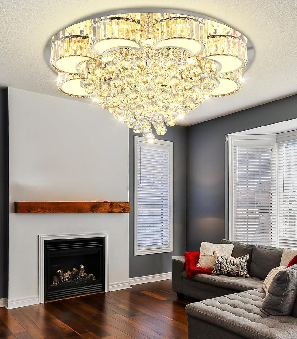 31.4'' Silver Modern Crystal Chandeliers for Dining Room LED Dimmable Light Fixtures Flush Mount Light Living Room Bedrooms