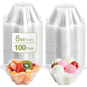Clear Bowls, 100 PCS Ice Cream Cups, Christmas Candy Bowl, Small Disposable Clear Appetizer Serving Cup for Dessert Cake Snack Sundae Salad Nuts Snack for Party Favor Wedding Flower Shape (8OZ)