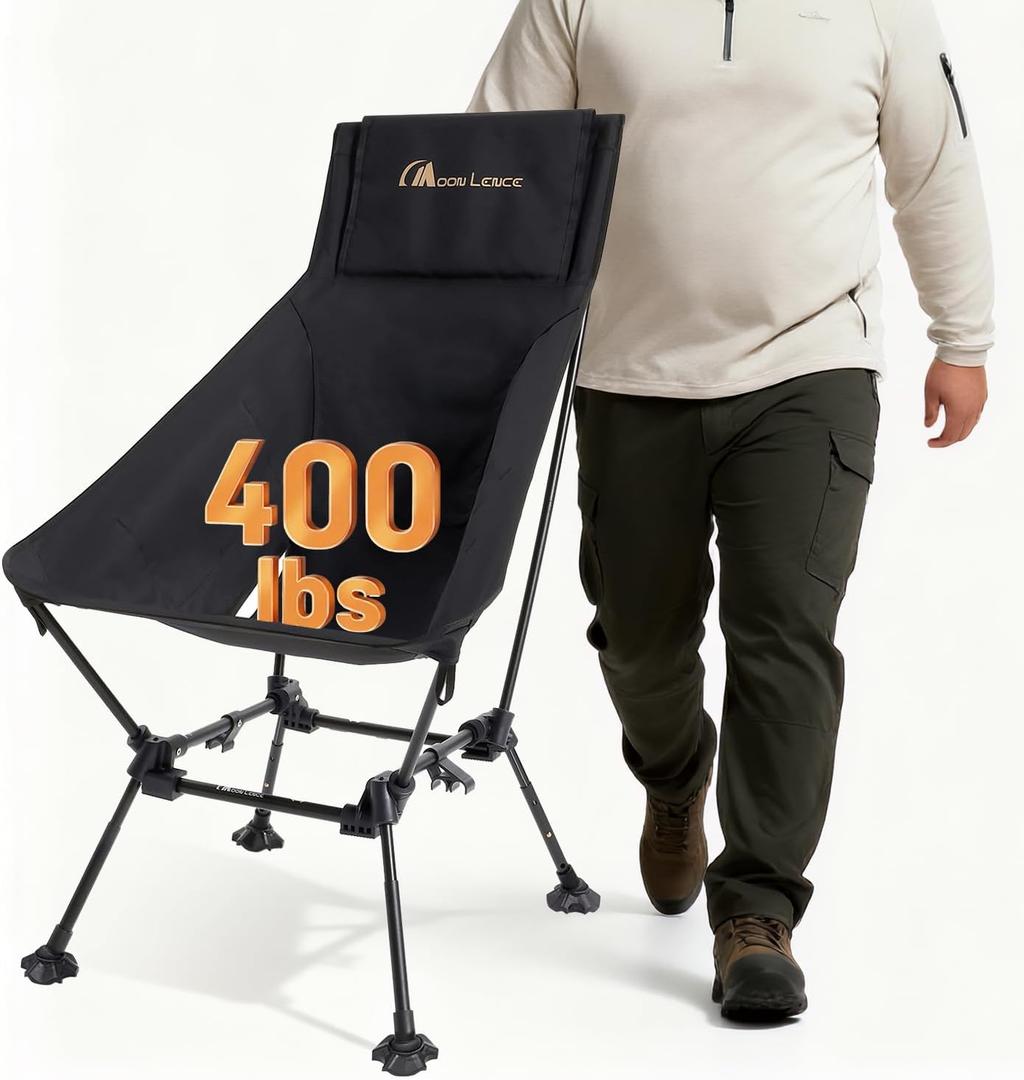 MOON LENCE Oversized High Back Camping Chair for Adults, Height Adjustable Folding Camp Chair | 400 lbs Capacity & 5.4 lbs Weight, Hidden Pillow Pocket Wide Seat for Camping Fishing Overlanding, Black