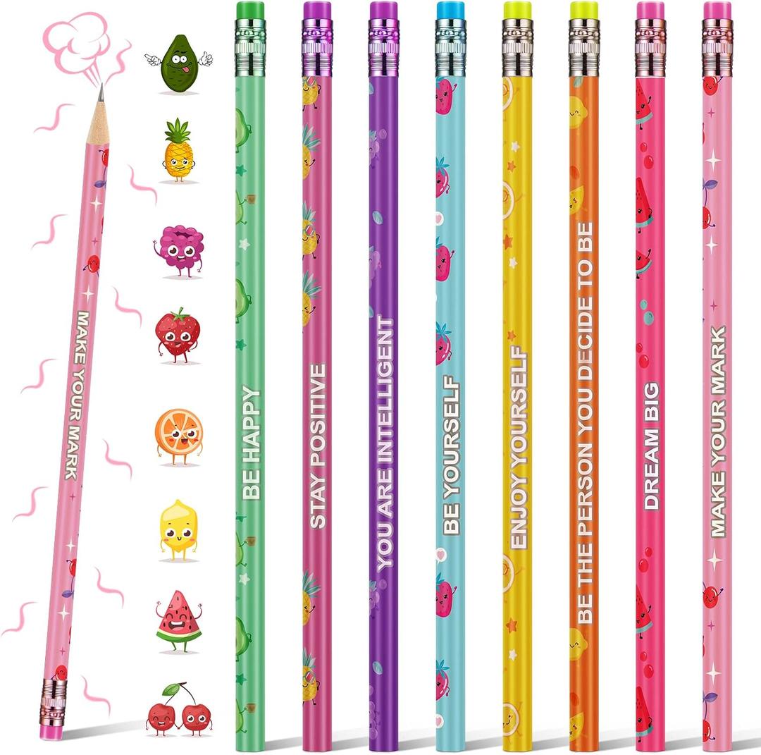 Leinuosen 48 Pcs Scented Pencils for Kids Cute Motivational Colorful Fun Wood HB Pencils Bulk with Erasers Fruit Elements for School Office Classroom Student