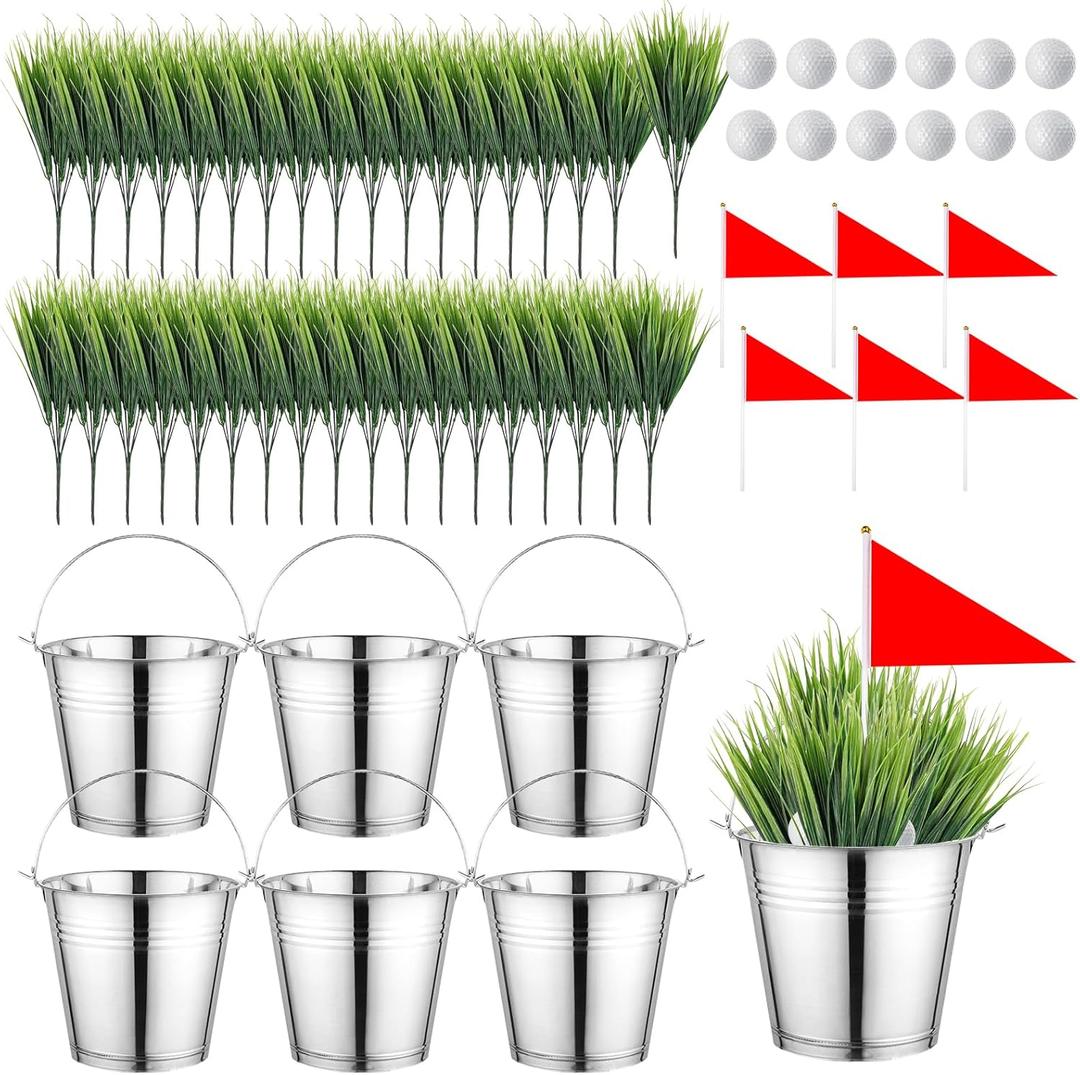 6 Set Golf Party Table Decorations Kit Includes 6 Iron Buckets12 Mini Golf Balls 36 Artificial Grass Squares 6 Flags Centerpiece for Birthday Sport Themed Party