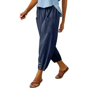 Cotton Casual Capri for Women Elastic High Waisted Loose Lantern Tapered Harem Pants with Pockets
