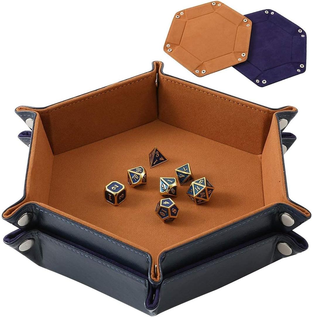 2 Pcs Portable Folding Dice Rolling Tray Set for RPG DND Table Games - PU Leather and Velvet Holder Storage Box - Navy Blue and Camel