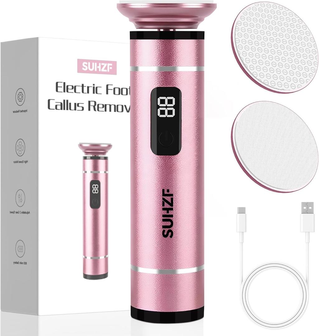 Electric-Foot-File-Callus-Remover Glass Grinding Head Electric Callus Remover for Feet Rechargeable Foot Grinder Dead Skin Pedicure Tools Adjustable Speed Foot Sander with Led Display (Pink)