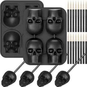 2 Set Halloween Skull Mold Kits 8 Cavity Silicone 3D Skull Baking Pans Cake Mold & 24 Wooden Skewers Bakeware for Halloween Ice Cupcake Chocolate Candy Apple Pizza Jelly Candy Pudding