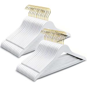 Amber Home 30 Pack Solid Wood Suit Coat Hangers, Smooth White Finish Wooden Dress Hangers with Non Slip Pant Bar, Clothes Hangers with Gold Hook & Notches for Jacket, Pant, Shirt (White+Gold, 30)