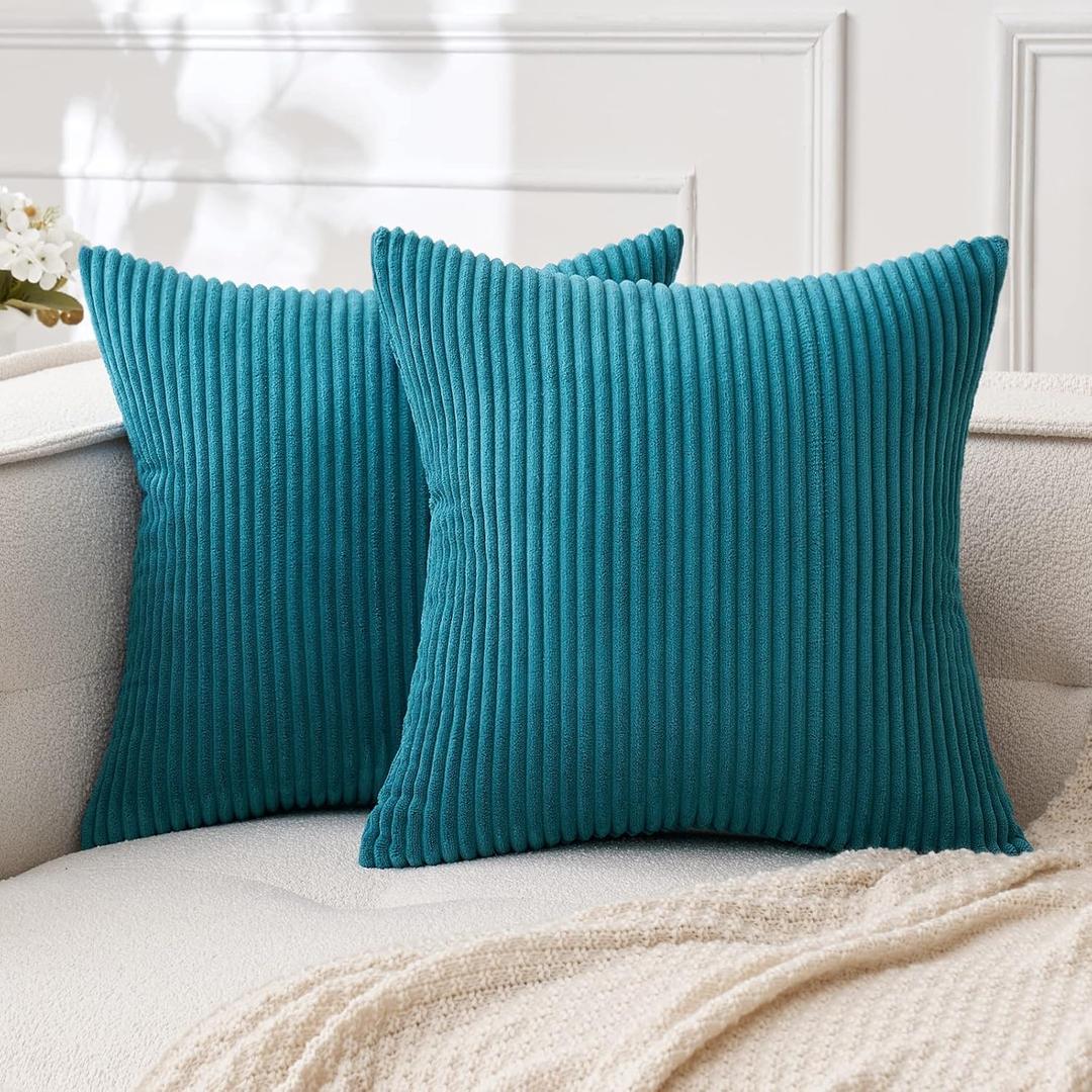 MIULEE Pack of 2 Teal Corduroy Pillow Covers Soft Boho Striped Throw Pillow Covers Set Decorative Square Cushion Cases Pillowcases for Sofa Bedroom Couch 18 x 18 Inch