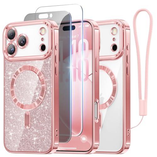 Meifigno Designed for iPhone 17 Pro Max Case 6.9", [Glitter Card & Wrist Strap] [Compatible with MagSafe] [1HD+1X Privacy Screen Protectors] Surround Raised Lens Protection 17 ProMax Case, Rose Gold