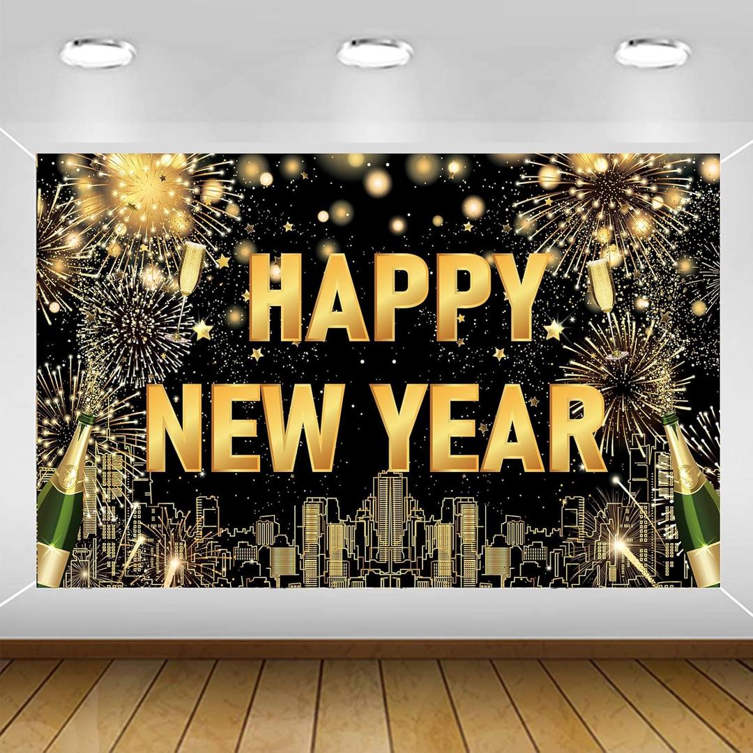 Large Happy New Year Backdrop Banner, Black Gold New Years Banner Happy New Year Decorations 2026, New Years Eve Backdrop 2026 for NewYear Eve Party Supplies 2026