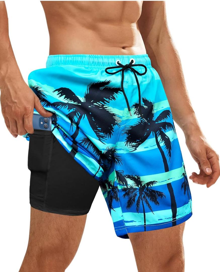 OlyPegic Men's Swim Trunks with Compression Liner Board Beach Shorts Quick Dry Swim Shorts Bathing Suits with Zipper Pock, Size XL