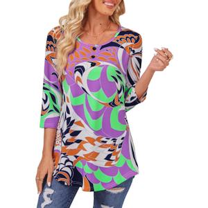 BAISHENGGT Womens Tops 3/4 Sleeve Round Neck Casual Tunic Tops Fall Fashion 2025 Dressy Casual Blouses (X-Large, Purple Pattern)